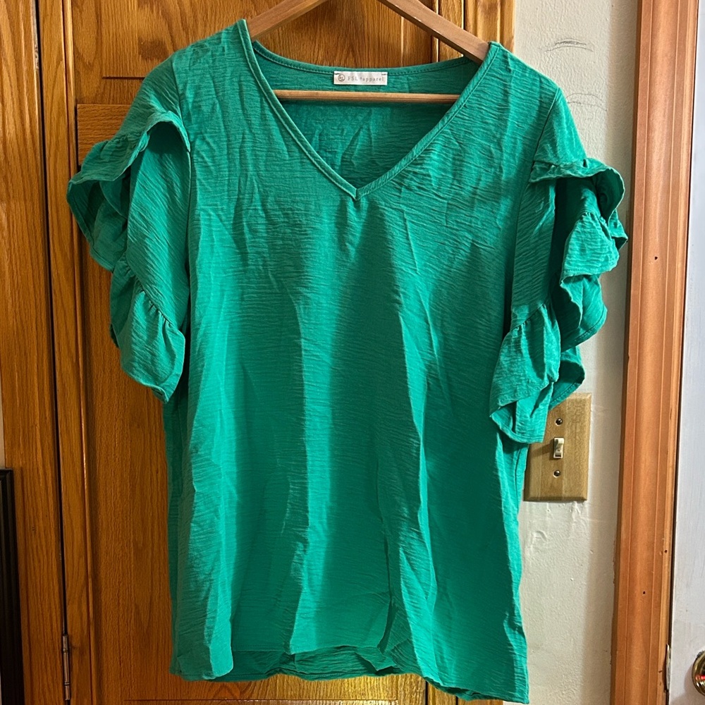 Emerald Ruffle Sleeve V-Neck Blouse